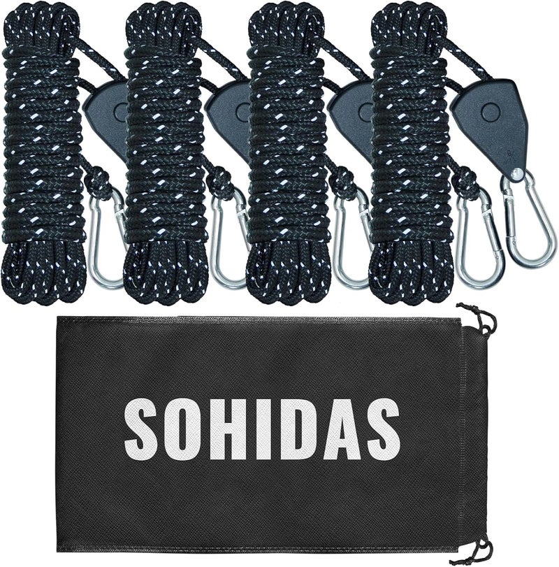 SOHIDAS Camping Rope Reflective Tent Rope Guyline with Ratchet Pulley, Tarp Tie Down Ropes for Tent Tarp, Canopy Shelter, Camping, 13ft Adjustable Guy Line for Canopy Tent 4 Pack Guy Lines Tents Cords - Image 1
